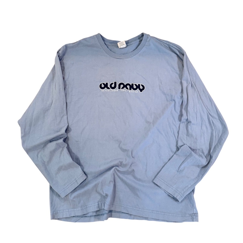 Old Navy Mens XL Long Sleeve Graphic T-Shirt Light Blue Embroidered Logo 1994